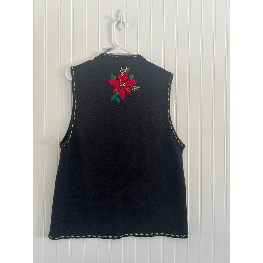 Bobbie Brooks Christmas Sweater Vest Large Black Poinsettia Beaded Holiday‎ - Picture 3 of 8